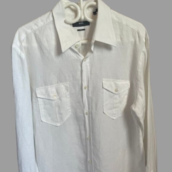 BOSS Hugo Boss White Button-Down Linen Shirt. Size: XL - Picture 2 of 13